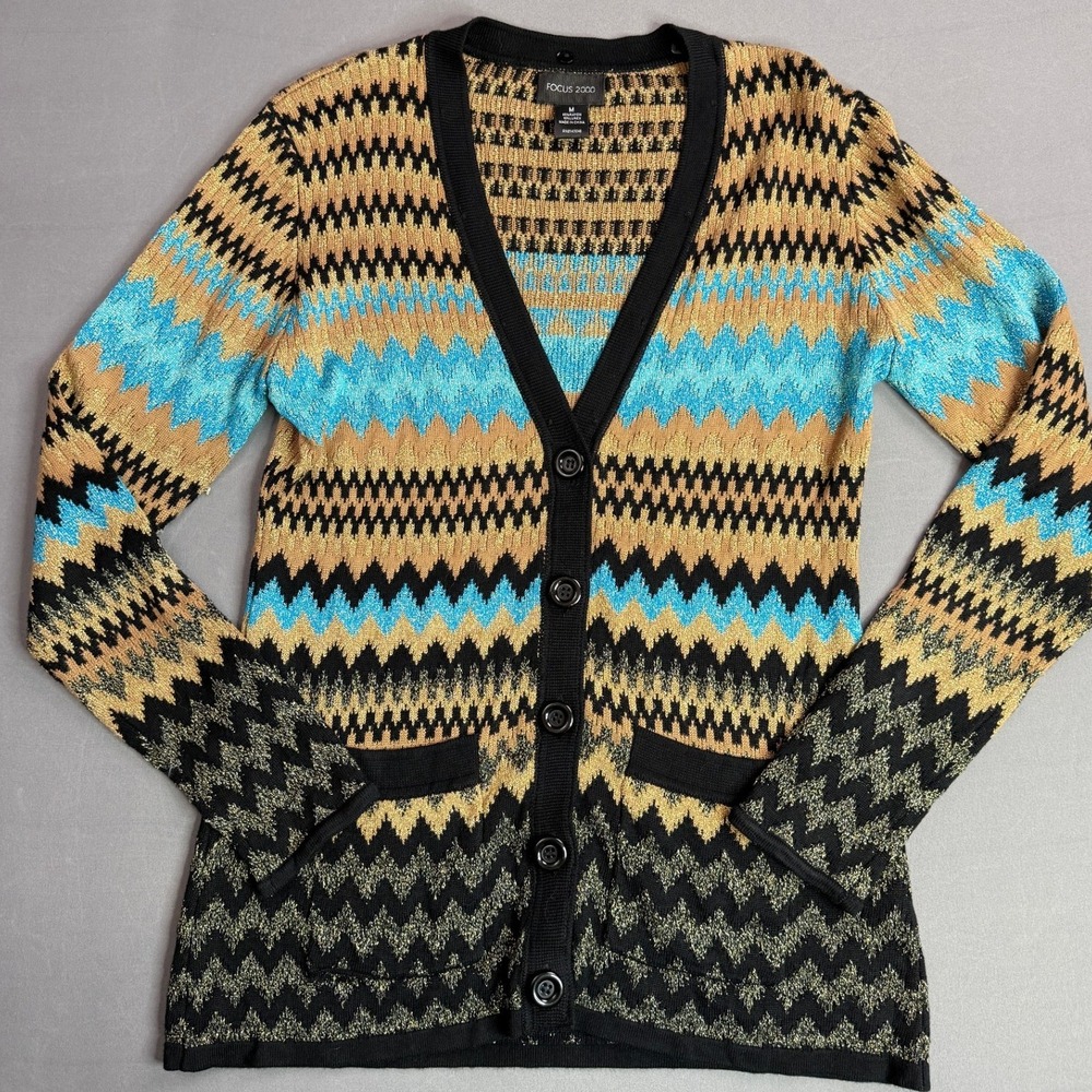 Focus 2000 Chevron Cardigan Sweater Knit Long Sleeve‎ Colorful Medium